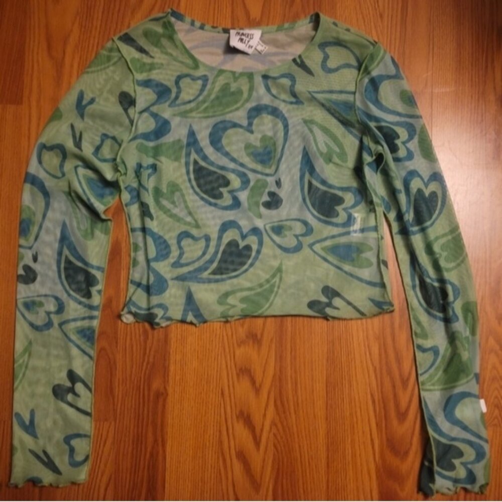 Princess Polly Tahlia Long Sleeve 90s Mesh Cropped Top Green Hearts Size 6